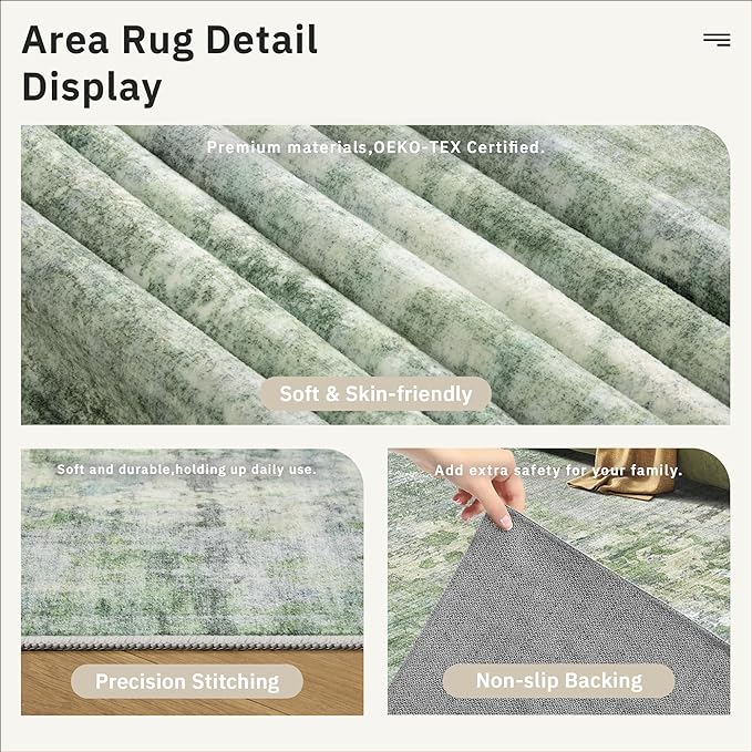 9x12 Area Rugs for Living Room, Non-Slip Machine Washable Vintage Rugs, Abstract Low Pile Lightweight Large Rug for Bedroom, Dining Room, Home Office Green Ivory