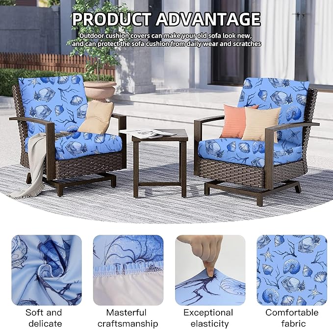8Pcs Outdoor Cushion Covers, Patio Cushion Covers,Stretch Elastic Slipcovers, Replacement Washable & Reusable Furniture Protector for Patio Couch (Shells & Fish,Cover Only)