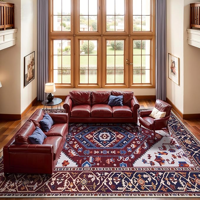 SERISSA 9x12 Area Rugs for Living Room, Large Washable Non-Slip Boho Rug, Ultra Soft Vintage Burgundy Navy Oriental Tribal Print Distressed Carpet for Dining Room Bedroom Dorm Office Home Decor