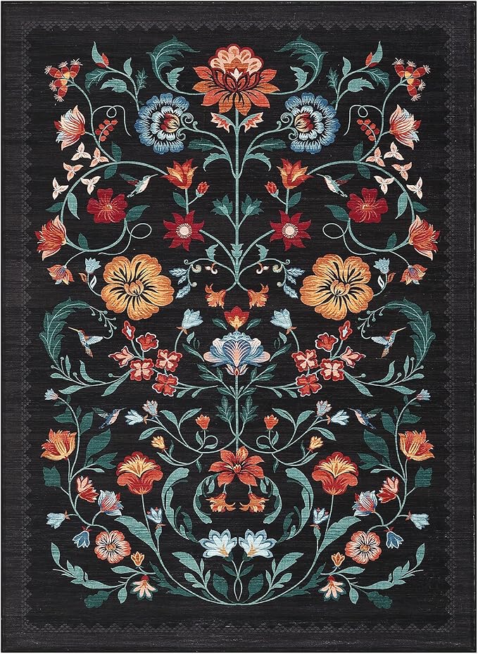 GarveeHome Washable Rug 3x5 Area Rugs for Living Room, Floral Rug for Bedroom, Soft Boho Non Slip Throw Rugs with Rubber Back, Low Pile Stain Resistant Vintage Floral Carpet for Dining Room, Black
