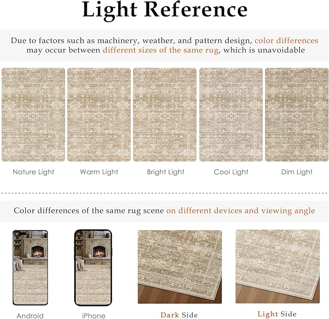 9x12 Washable Area Rug for Living Room Bedroom Vintage Beige Non Slip Carpet Traditional Retro Soft Low Pile Large Throw Rug for Dining Room Kitchen Office Indoor