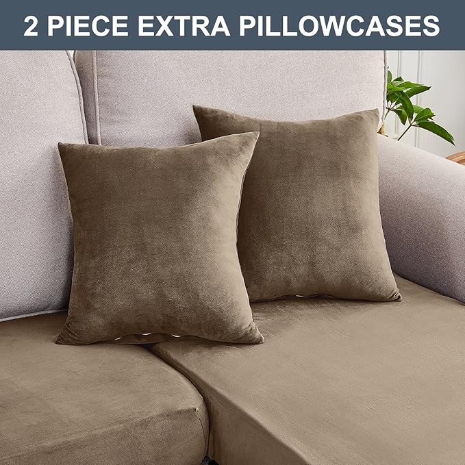 Couch Cover 6-Piece Elastic Velvet Couch Cushion Covers & Chaise Slipcovers for L-Shaped Sofas - Sofa Seat Covers Washable, Soft Cover for Couches (5 Seater + Chaise, Leather Brown)