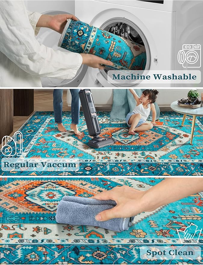 SERISSA Runner Rug for Hallways, 2'6"x14' Washable Non Slip Kitchen Runner Rug, Extra Long Boho Rug Ultra Soft Vintage Blue Print Floor Carpet for Bedroom Hallway Entryway Bathroom Laundry Room