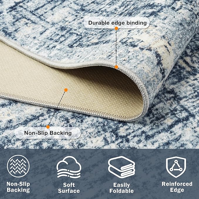 9x12 Area Rugs for Living Room Washable Rug: Anti-Skid Abstract Modern Living Room Rug Soft Thin Carpets Indoor Floor Non-Shedding Carpet for Bedroom Dining Farmhouse Nursery Home Office Blue Gold