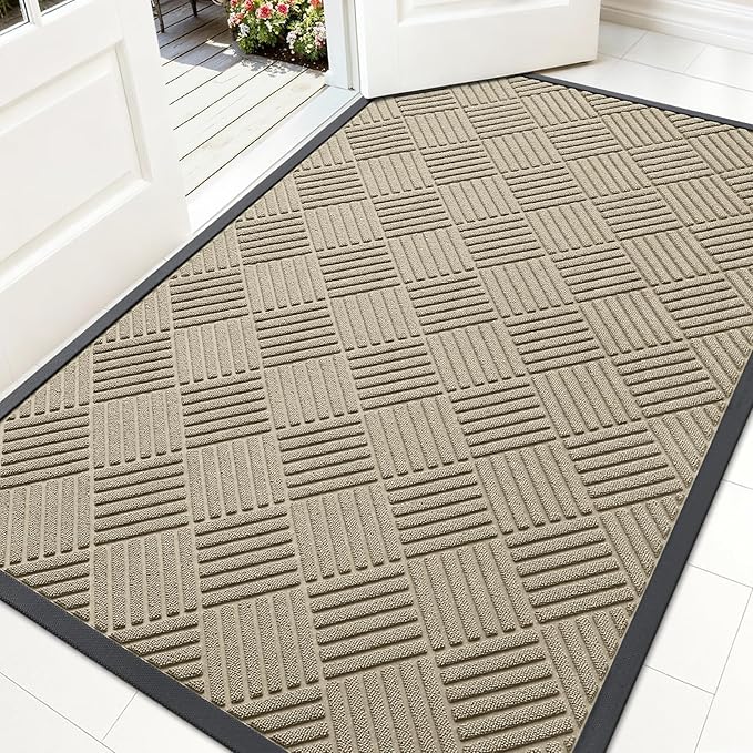 OLANLY Front Door Mat Outside Entrance 59x34, Absorbent, Heavy Duty Sturdy Natural Rubber Doormat Indoor Outdoor, Stain and Fade Resistant, Non-Slip Low Profile Floor Mat for Entryway, Beige Diamond