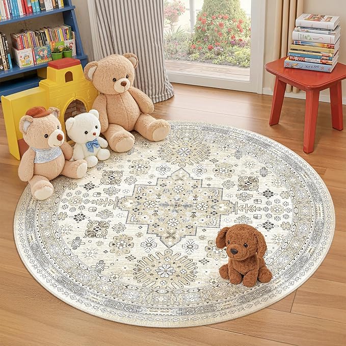 zesthome Washable Round Rug - 5ft Ultra-Thin Circle Area Rugs, Vintage Non-Slip Low Pile Rug for Living Room, Stain Resistant Rug for Bedroom, Entryway, Kitchen, Nursery