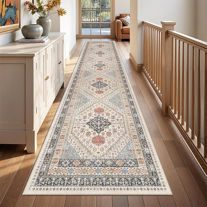 Hallway Runner Rug 2x12, Extra Long Washable Runner Rugs with Rubber Backing, Non Slip Runner, Vintage Rug Runners for Kitchen Laundry Room Entryway (Blue/Red/Multi,2'x12')