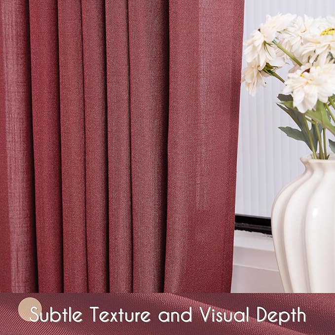 Burgundy Curtains for Living Room Back Tab Modern Farmhouse Semi Sheer Burgundy Curtains 90 inches Long 2 Panels Set Muted Neutral Window Curtain for Dining Room Bedroom 52x90