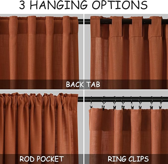 Nanspring Linen Blend Terracotta Curtains 100 inches Long 2 Panel Back Tab Rod Pocket Rustic Farmhouse Boho Curtains for Dining Room Semi Sheer Brick Burnt Bohemian Fall Decor Rust Colored Curtain