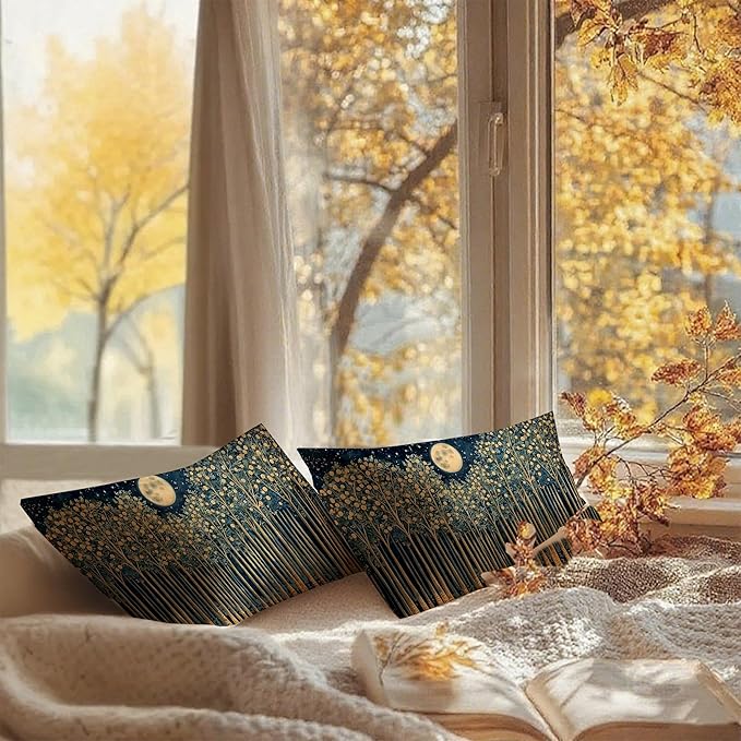 Rustic William Morris Inspired Night Forest Green Moon Decor Pillow Covers 12x20 Set of 2,Vintage Botanical Nature Landscape Decorative Throw Pillow Covers for Home Bedroom Living Room