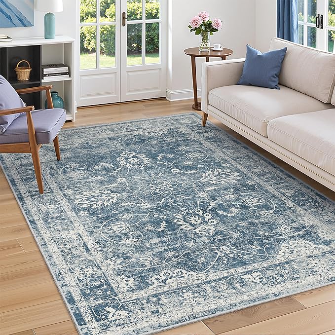Madane 5x7 Area Rugs for Living Room, Washable Vintage Rug with Non-Slip Backing, Soft Floral Print Throw Rugs Floor Low Pile Carpet for Bedroom Dining Room Farmhouse (5 x 7, Cadet Blue)