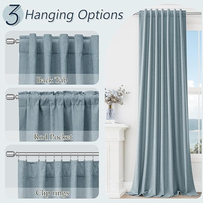 Guken Blue 100% Blackout Linen Curtains 80 Inch Length 2 Panels Set for Living Room Bedroom Back Tab Thermal Insulated Black Out Drapes Room Darkening Window Curtains 80 Inches Long Dusty Blue