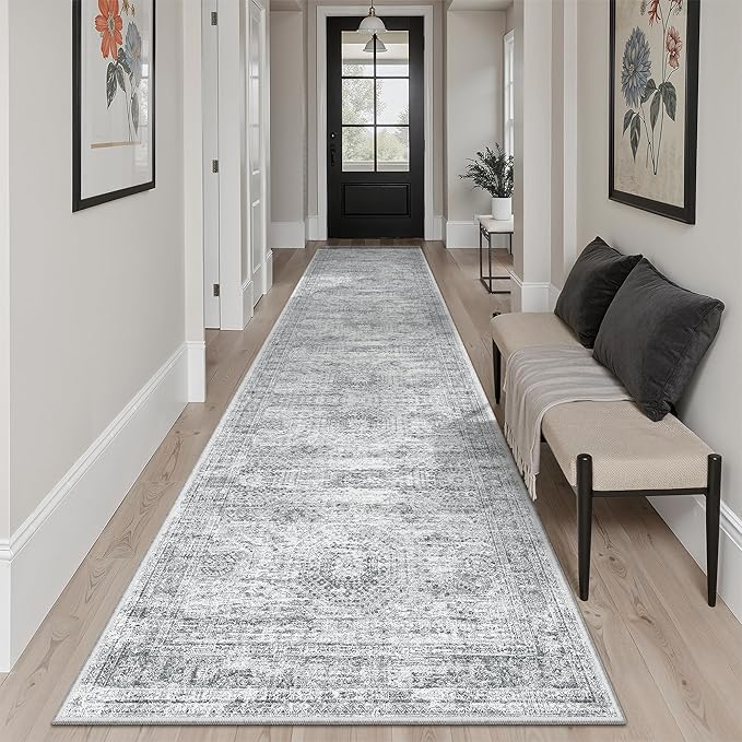 Runner Rug 2'6" x 10' Washable Non-Slip Runner Rugs for Kitchen Bathroom Laundry Room Vintage Ultra Thin Runners for Hallway Entryway Grey