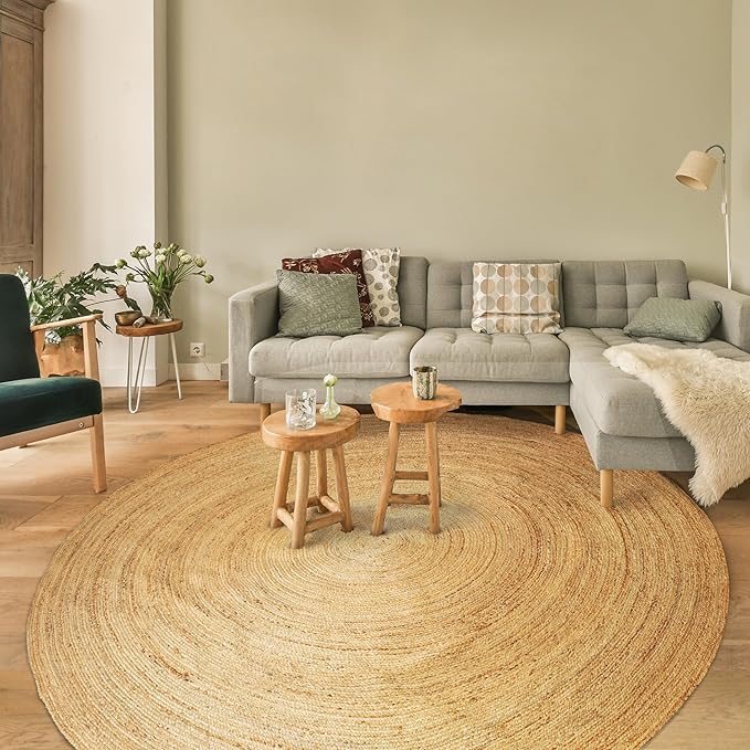 Hausattire Jute Braided Hand Woven Rug, 8 Feet Round – Natural, Boho Large Area Rugs for Bedroom, Living Room | Farmhouse Décor Kitchen Floor Rug – 8’ Round