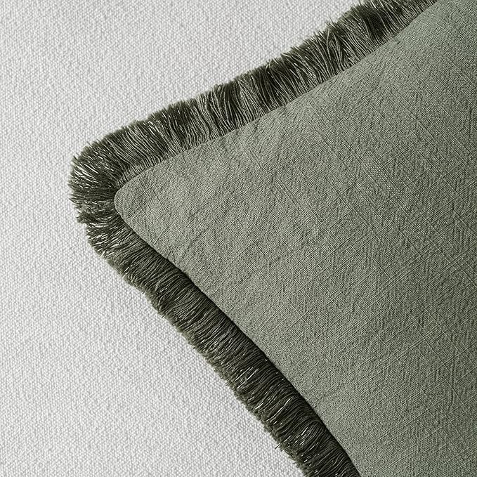 MIULEE Decorative Throw Pillow Covers Neutral Linen Fringe Throw Pillows Euro Shams Set of 2 Light Olive Green Boho Farmhouse Cushions for Couch Sofa Bed Living Room Spring Home Decor 26x26 Inch