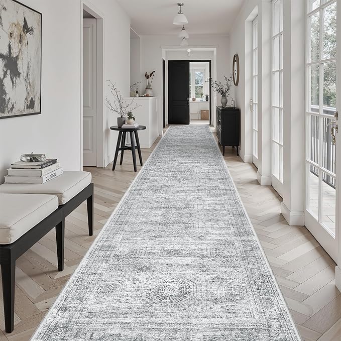 Hallway Runner Rug 3x18 - Kitchen Rugs 18ft Washable Entryway Rug Vintage Kitchen Runners Non Slip Farmhouse Indoor Carpet Runner for Living Room Bedroom, Grey