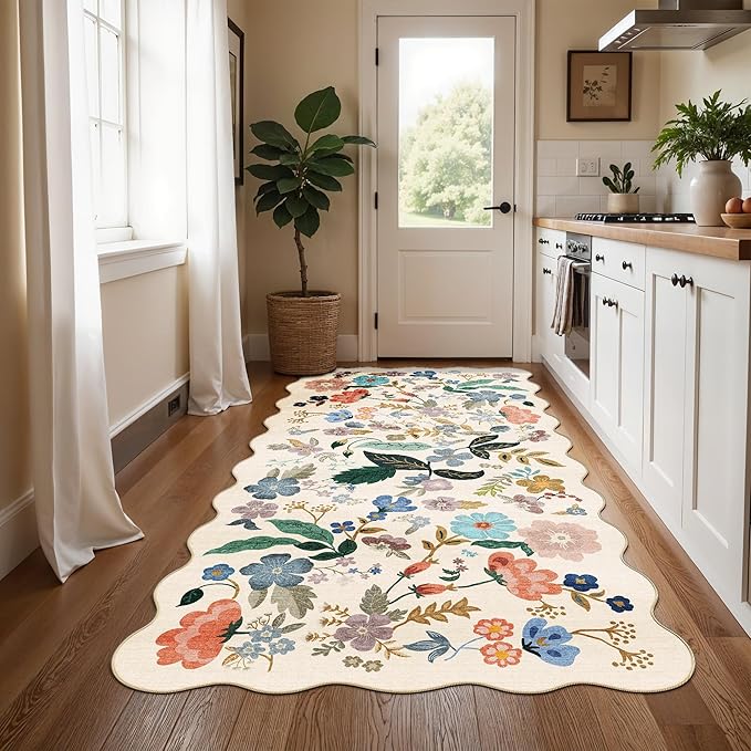 Washable 4x8 Wide Runner Rug: Hallway Entryway Non Slip Scalloped Floral Rug Farmhouse Soft Stain Resistant Carpet for Kitchen Bathroom Bedroom Low Pile Pet Friendly Floor Mat (4x8,Cream)