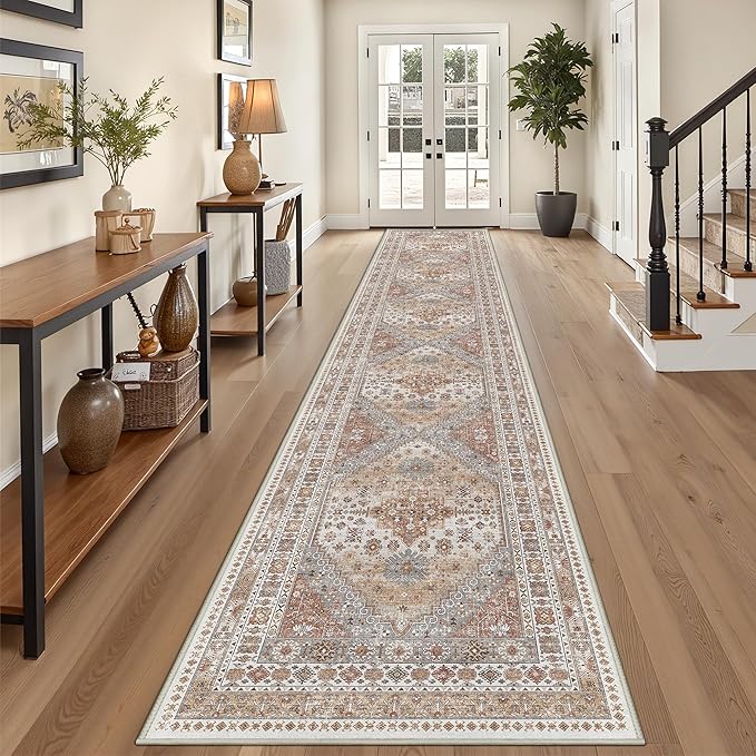 3x18 Runner Rug for Hallway, Non-Slip Long Kitchen Mats for Floor, Vintage Washable Rug for Entryway, Soft Hallway Runner for Dining Room, Bedroom, Living Room(Orange,3'x18')
