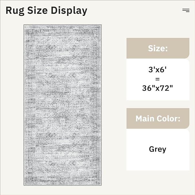 Runner Rug 3x6 Washable Non-Slip Kitchen Runner Rugs for Bathroom Laundry Room Grey Vintage Floor Carpet Runners for Hallway Entryway