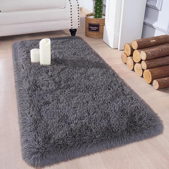 Chicrug Soft Runner Rugs for Bedroom Living Room Plush Fluffy Rug 2x4 Feet, Shag Furry Area Rug Carpet Non Shedding for Nursery Children Kids Girls Room Home Decorative, Coal Grey
