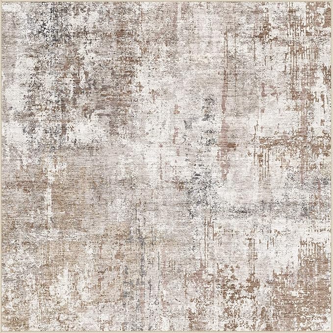 UERMEI Square Area Rugs : Washable 5x5 Neutral Modern Abstract Carpet for Living Room Bedroom - Soft Floor Mat with Non Slip Backing for Kitchen Nursery Dorms Farmhouse Home Decor - Brown/Grey/Red