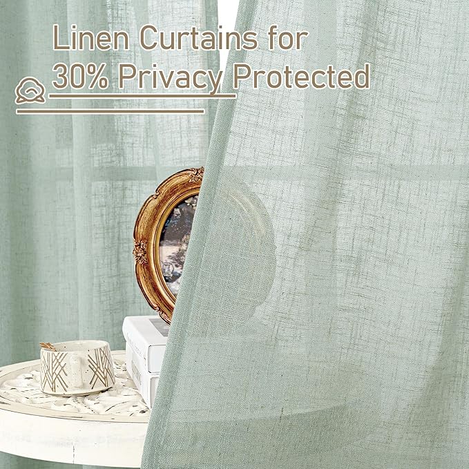 LAMIT Light Sage Linen Curtains 72 inch Length for Bedroom, Faux Linen Textured Light Filtering Drapes Back Tab and Rod Pocket Boho Panels for Farmhouse/Living Room, 2 Panels, 52 x 72 Inch