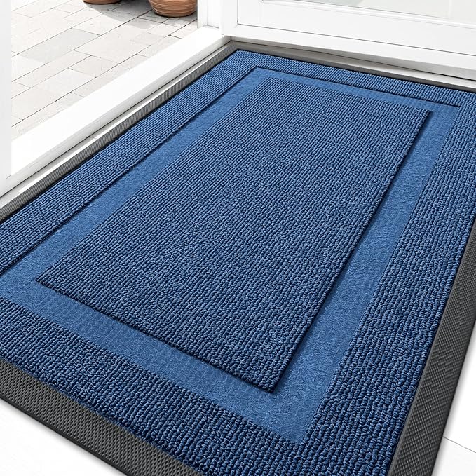 OLANLY Front Door Mat Indoor Outdoor Entrance, Waterproof All-Season, All-Weather Doormat, Sturdy Natural Rubber, Low Profile, Easy Clean Patio Porch Entryway Mat, 29.5x17, Navy Blue