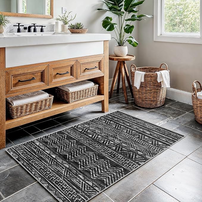 2x3 Washable Entryway Area Rug: Moroccan Small Runner Rug for Hallway Soft Modern Non Slip Door Mat with Rubber Backing Low Pile Thin Floor Carpet for Kitchen Bathroom Bedroom Indoor(Black,2x3)