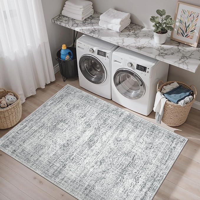 Soalmost 3x5 Rug, Small Area for Kitchen, Entryway, Machine Washable Non-Slip Throw Rug, Vintage Carpet for Nursery Coffee Table Grey