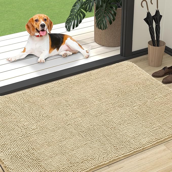 OLANLY Dog Door Mat for Muddy Paws 47x32, Absorbs Moisture and Dirt, Absorbent Non-Slip Washable Doormat, Quick Dry Chenille Mud Mat for Dogs, Entry Indoor Entryway Carpet for Inside Floor, Sand