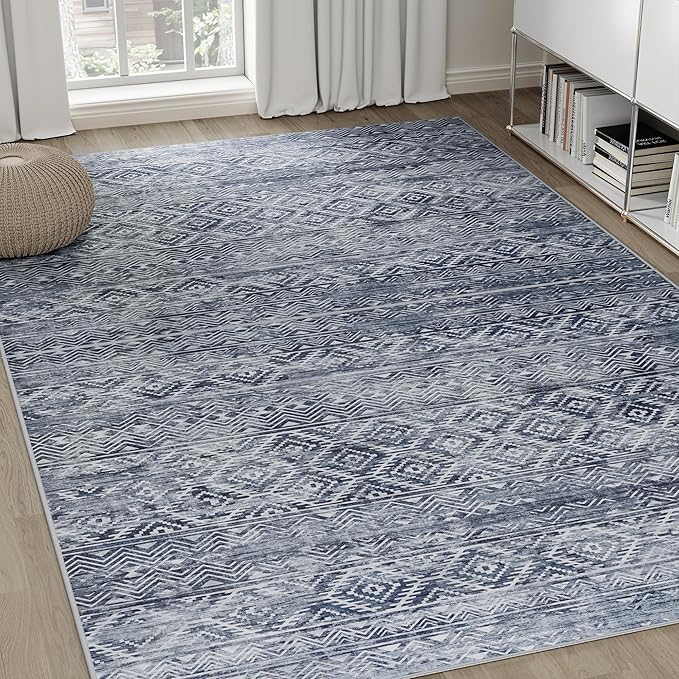 9x12 Area Rugs Washable Rug: Anti-Skid Abstract Modern Living Room Rug Soft Thin Carpets Indoor Floor Non-Shedding Carpet for Bedroom Dining Farmhouse Nursery Home Office (Blue Grey White, 9'x12')