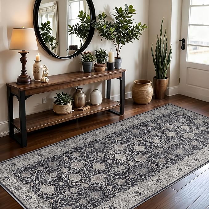 Washable 3x7 Entryway Runner Rug: Farmhouse Wide Kitchen Rug Soft Water Resistant Floor Mat for Bathroom Bedroom Nursery Non-Slip Indoor Carpet for Living Room Dining Room Hallway(3x7,Black)