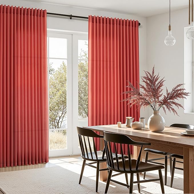 Christmas Red Linen Curtains 90 Inches Long for Living Room Light Filtering Semi Sheer Curtain Back Tab and Rod Pocket Vintage Rustic Luxury Home Decor Neutral Drapes for Bedroom 52x90, 2 Panels