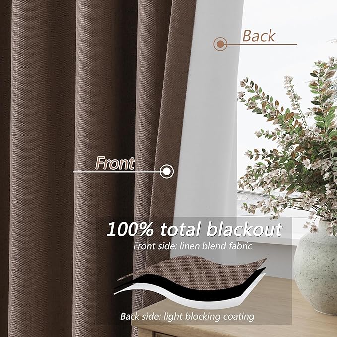 Guken 100% Blackout Curtains 102 Inch Length 2 Panels Set for Living Room Bedroom Back Tab Thermal Insulated Black Out Linen Drapes Room Darkening Mocha Mousse,52x102