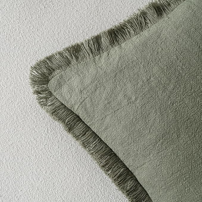 MIULEE Decorative Throw Pillow Covers Neutral Linen Fringe Throw Pillows Euro Shams Set of 2 Light Olive Green Boho Farmhouse Cushions for Couch Sofa Bed Living Room Spring Home Decor 28x28 Inch