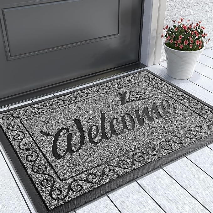 Yimobra Welcome Mat, Heavy Duty Sturdy Door Mats for Home Entrance Outdoor Indoor, Front Doormat for Outside Patio Floor Entry Porch Garage Office, Waterproof, Low Profile, 29.5x17, Black Grey
