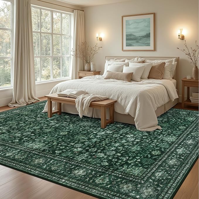 Area Rugs 10x12 Living Room Rug: Washable Rug Soft Vintage Distressed Floral Carpet Indoor Non-Slip Stain Resistant Large Carpets for Bedroom Dining Room Farmhouse Nursery Home Office Deep Green