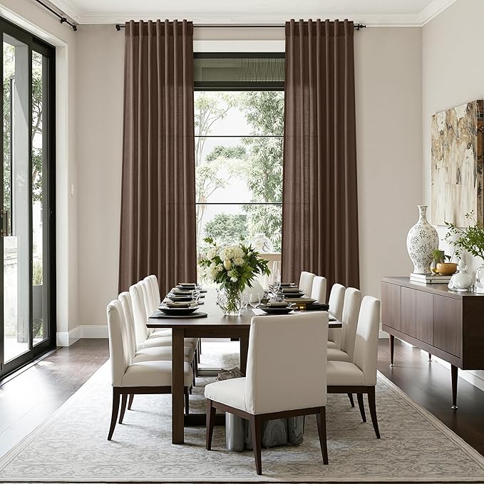 Cappuccino Linen Curtains 132 Inch Length for Living Room Light Filtering Semi Sheer Curtain Back Tab Modern Rustic Home Decor Neutral Drapes Floor to Ceiling High Window for Bedroom 52x132, 2 Panels