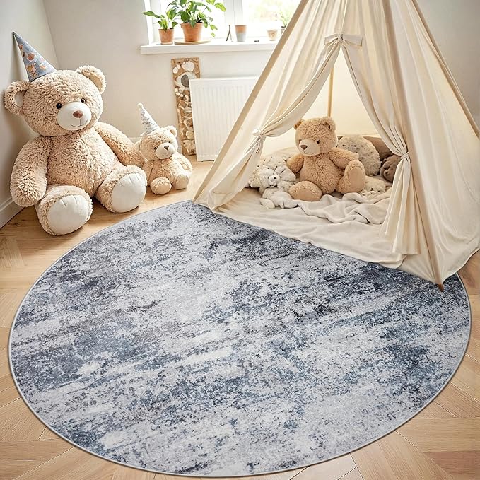 Round Rug 5ft Circle Rug Washable: Carpet Small Circular Area Rug for Entryway Kitchen Bedroom Dining Room Living Room 5 Feet Abstract College Dorm Non Slip Low Pile Blue Grey