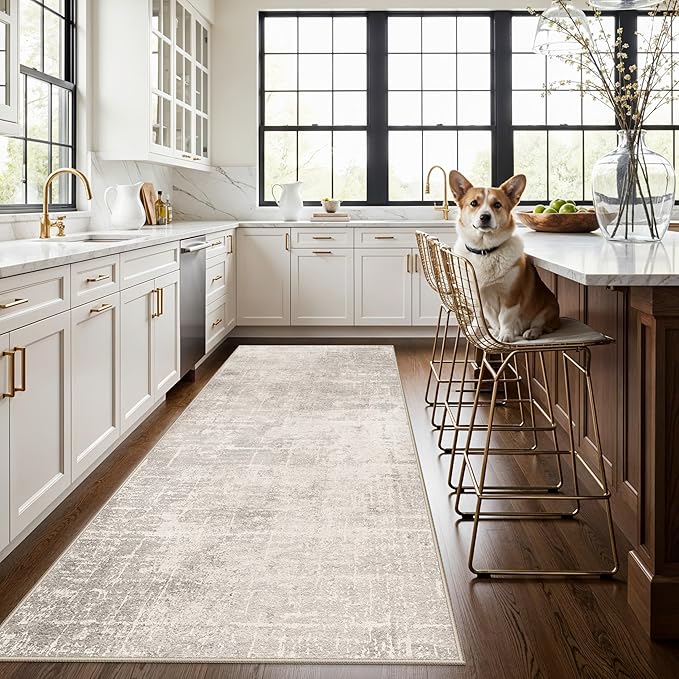 Washable 4x8 Hallway Area Rug: Abstract 8ft Water Resistant Soft Entry Kitchen Runner Rug Non-Slip Low Pile Carpet for Living Room Bedroom Thin Floor Mat for Bathroom Dining Room(4x8，Beige/Cream)