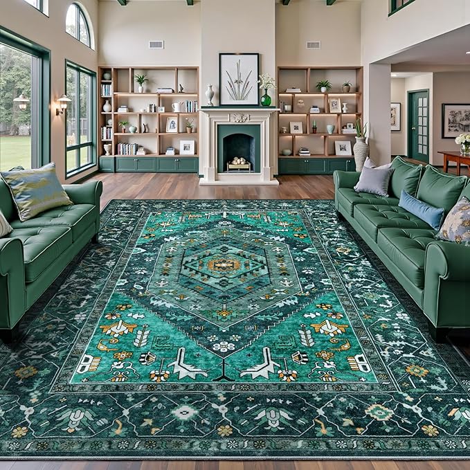SERISSA Washable Rugs 9x12 Area Rugs, Large Non-Slip Boho Living Room Teal Rug, Ultra Soft Vintage Print Distressed Oriental Tribal Farmhouse Carpet for Dining Room Bedroom Dorm Office Home Decor