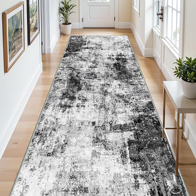 5x12 Runner Rug for Wide Hallway: Long Washable Runners for Entryway Living Room Dining Room - Stain and Water Resistant Rugs with Non-Slip Backing - Soft Low-Pile Carpet Black Grey
