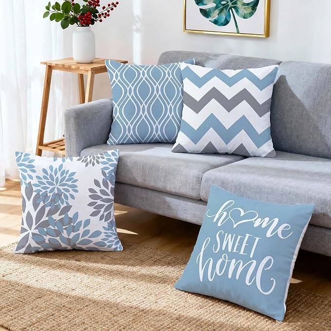 Hexagram Geometric Aqua Blue Pillow Covers 16x16 Set of 4, Decorative Outdoor Boho Modern Throw Pillow Covers, Home Sweet Home Farmhouse Cushion Case for Couch Sofa Bedroom Indoor Decor(No Insert)