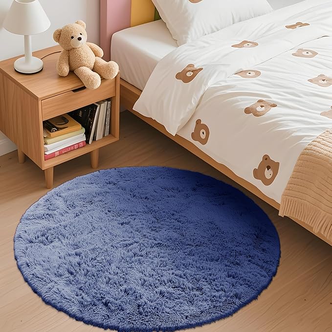 OLANLY Denim Blue Round Rugs for Bedroom - Machine Washable, 3 ft Circle Area Rugs for Living Room, Soft and Fluffy Shaggy Carpet for Teen Girl and Boys, Nursery Rooms, Dorms, Home Decor Aesthetic
