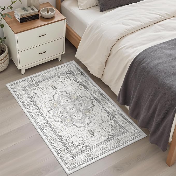 Madane Washable Area Rug 2x3, Small Entryway Rug Non-Slip Vintage Door Mat Indoor Entrance, Low Pile Floor Carpet for Inside Front Door Bedroom Kitchen Entry Laundry (2'x3', Grey)