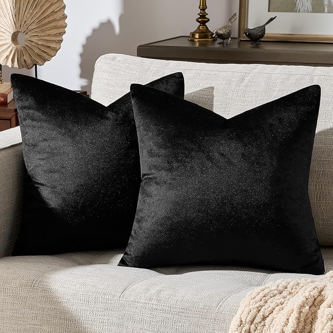 GIGIZAZA Black Velvet Pillow Covers 22x22,Decorative Square Throw Pillows Modern Covers Big Solid Living Room Pillow Cases for Couch Pack of 2