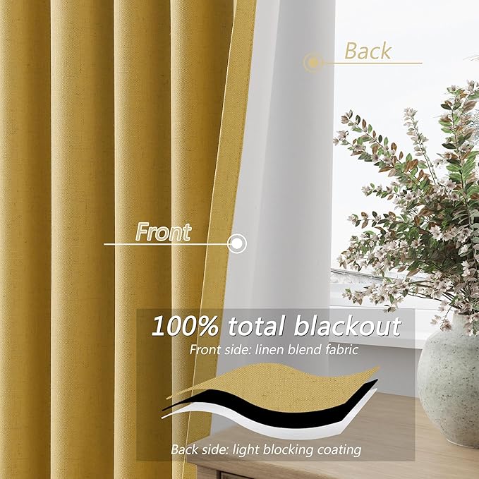 Guken 100% Blackout Curtains 96 Inch Length 2 Panels Set for Living Room Bedroom Back Tab Thermal Insulated Black Out Linen Drapes Room Darkening Window Curtains 96 Inches Long,Gold
