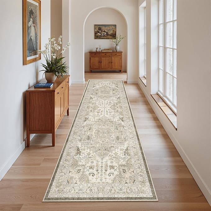 Madane Washable Runner Rug 2x7, Hallway Laundry Room Kitchen, Non Slip Rug Runners with Rubber Backing, Non Skid Stain-Resistant Non Shedding Durable Vintage Runners (2'x7', Ivory/Brown)