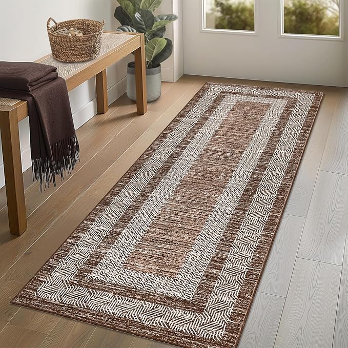 GarveeHome Washable Runner Rug 2x6 Modern Hallway Rug Non Slip Entryway Runner, Geometric Bordered Printed Carpets, Low Pile Thin Foldable Floor Mats, Soft Non Shedding for Kitchen Laundry, Brown