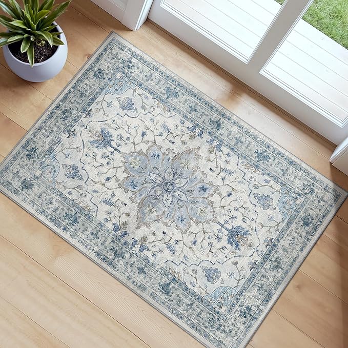 Area Rugs 2'x3' Kitchen Rugs Entry Rug Small Rugs for Entryway Kitchen Bathroom Door Mat Indoor Entrance,Washable Non Slip, Light Blue Navy Beige Gray White